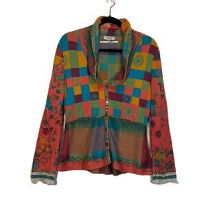 IVKO Sweater Floral Multicolor Pastel Patchwork Floral Colorful Collar Size 10